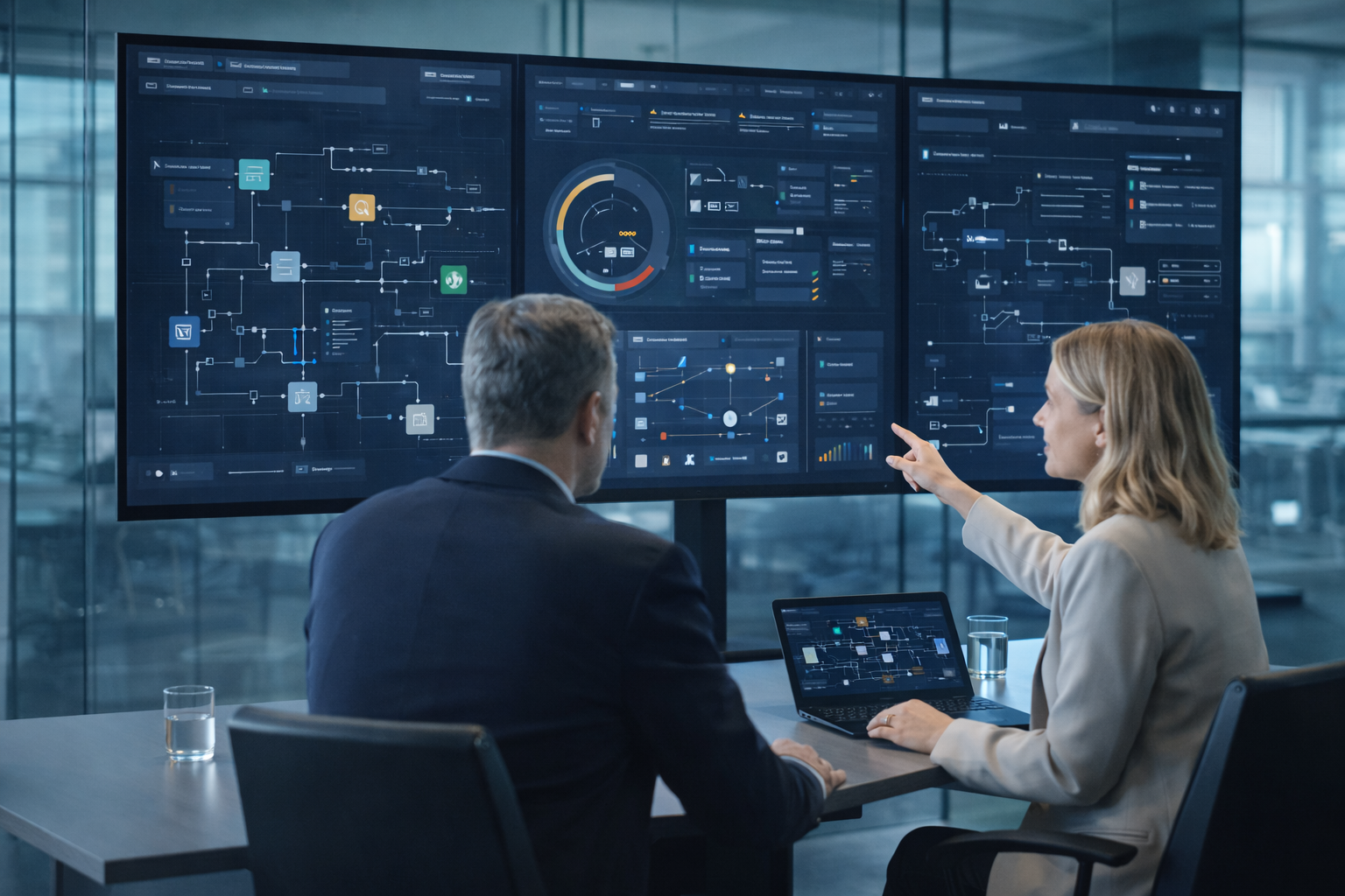 Executives monitoring automated AI workflows across enterprise business systems.